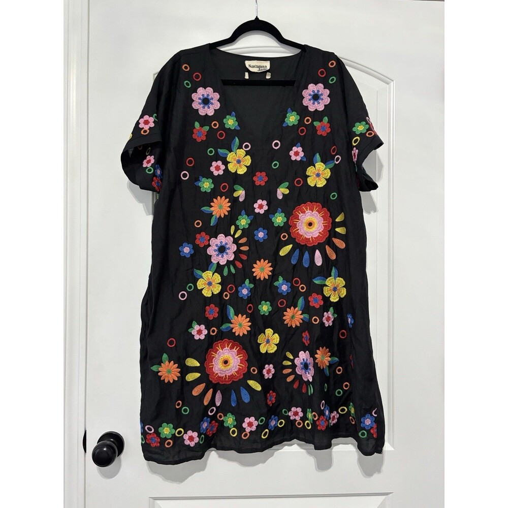 Savanna Jane Floral Embroidered Boho Shirt Dress Womens 3XL Black Maximalist
